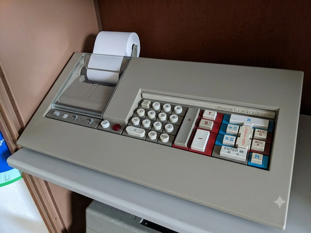 Calcolatrice da tavolo Olivetti Logos 58 con i tasti colorati e il rotolo di carta montato