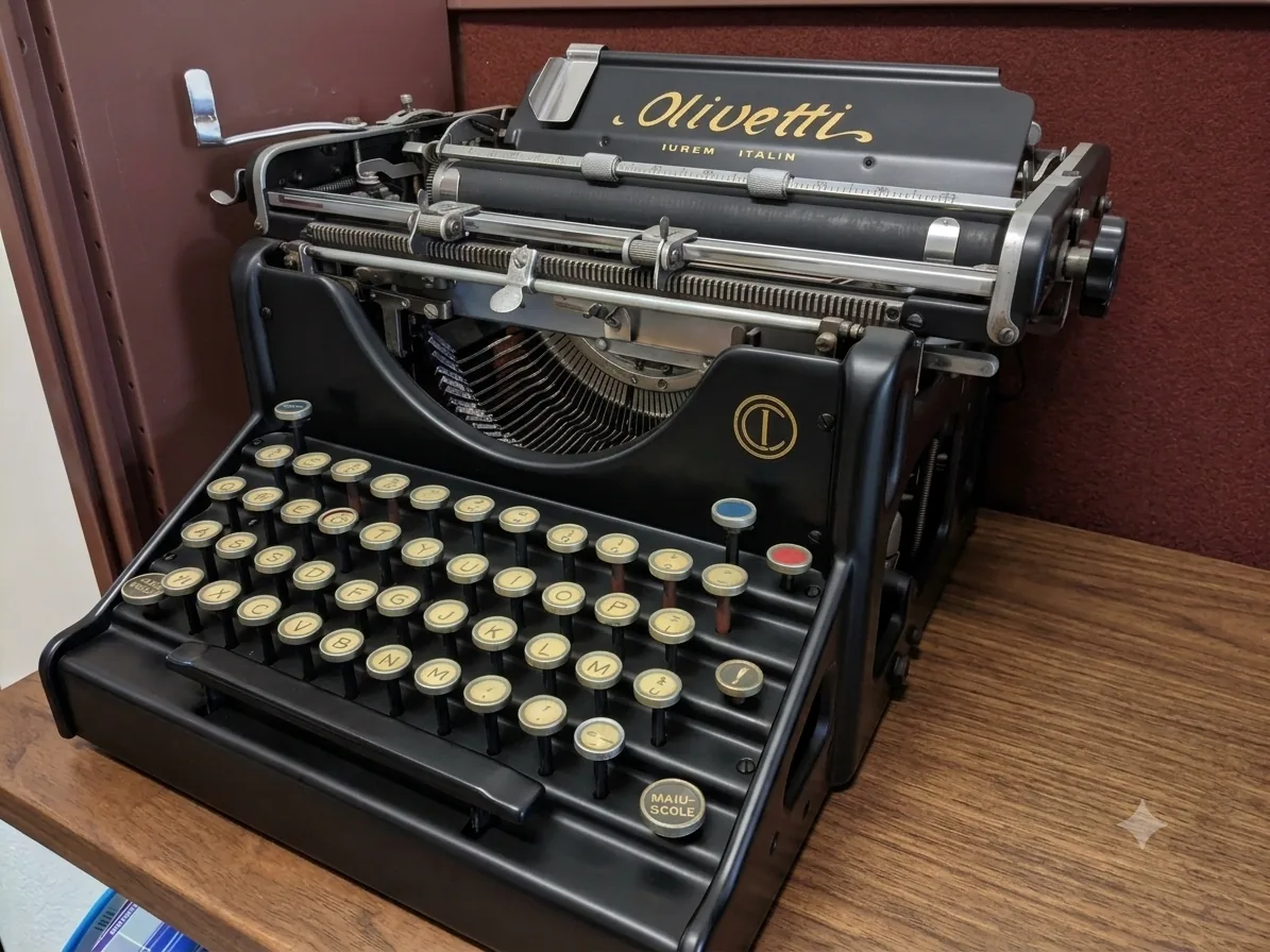 Macchina da scrivere Olivetti d'epoca con i tasti tondi e i martelletti a vista