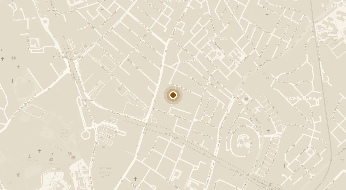 Mappa della zona di Monteleone a Pirri, Cagliari, con il segnaposto della S.H.S. in via delle Cicale